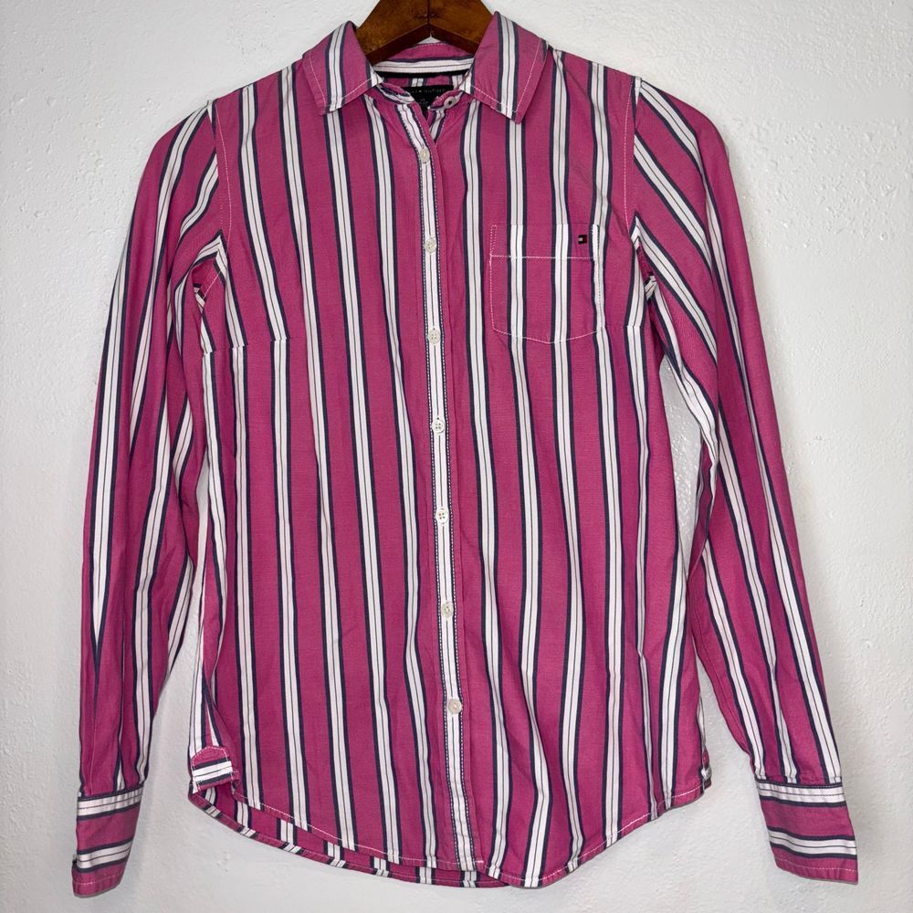 Tommy Hilfiger‎ Women's XS Y2K Preppy Button Down Shirt Long Sleeve Pink Striped